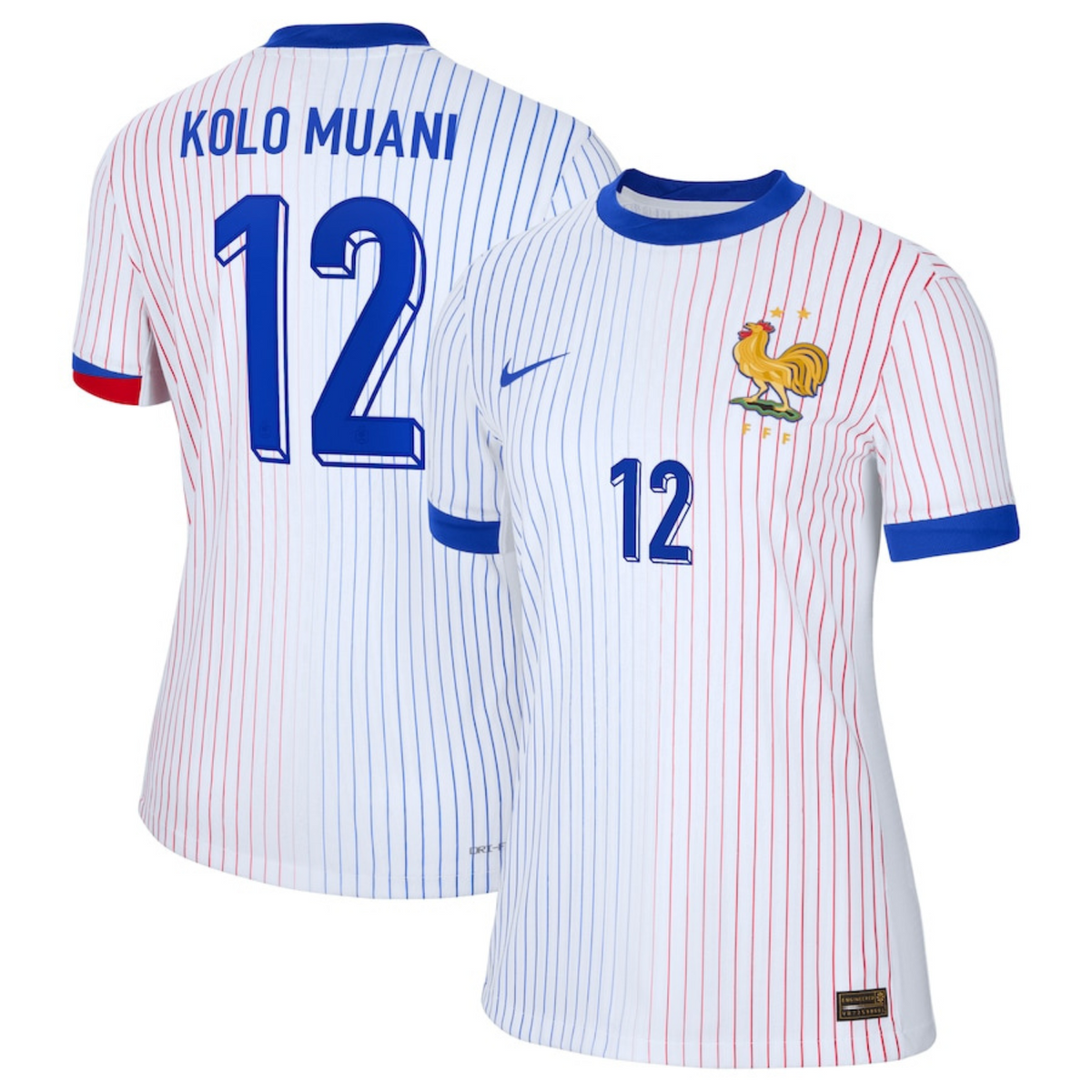 Side angle of France 12 soccer jersey worn by model