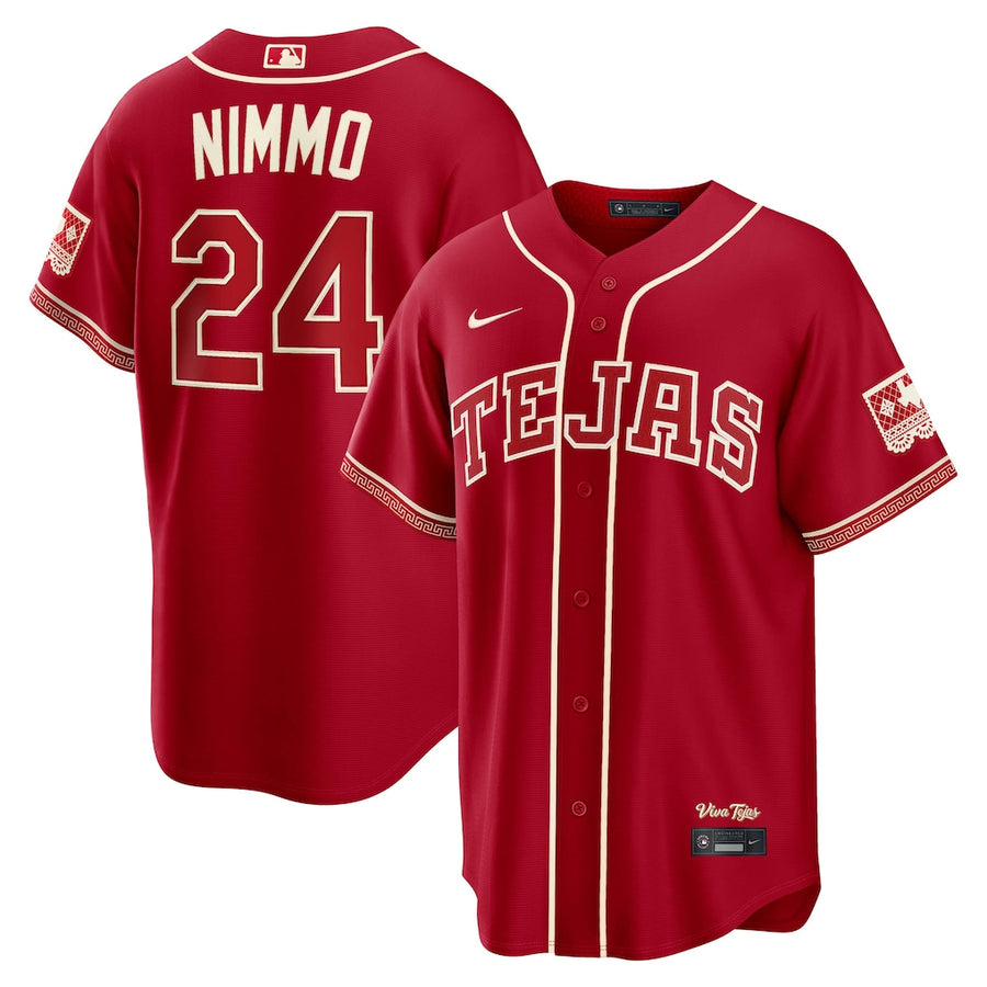 Red baseball jersey with 'Nimmo' and number '24' on the back, 'TEJAS' on the front,
