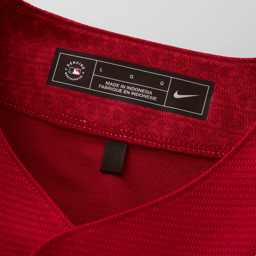 Fabric texture and stitching on Texas Rangers City Connect Red Jersey