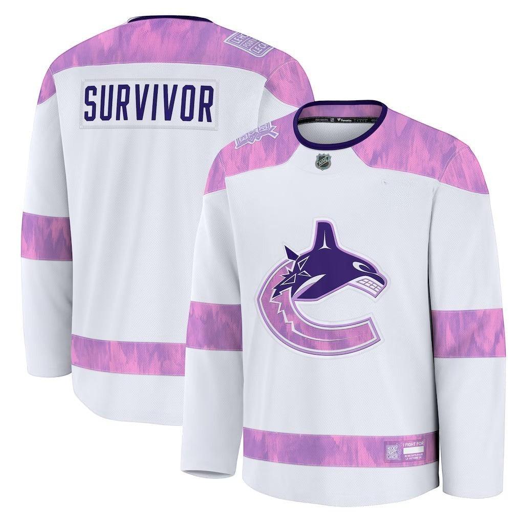 Vancouver Canucks Hockey Fights Cancer white practice jersey front view
