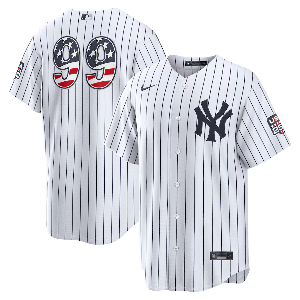 Aaron Judge #99 New York Yankees USA 250 Fourth of July Home Baseball Jersey – White Pinstripe