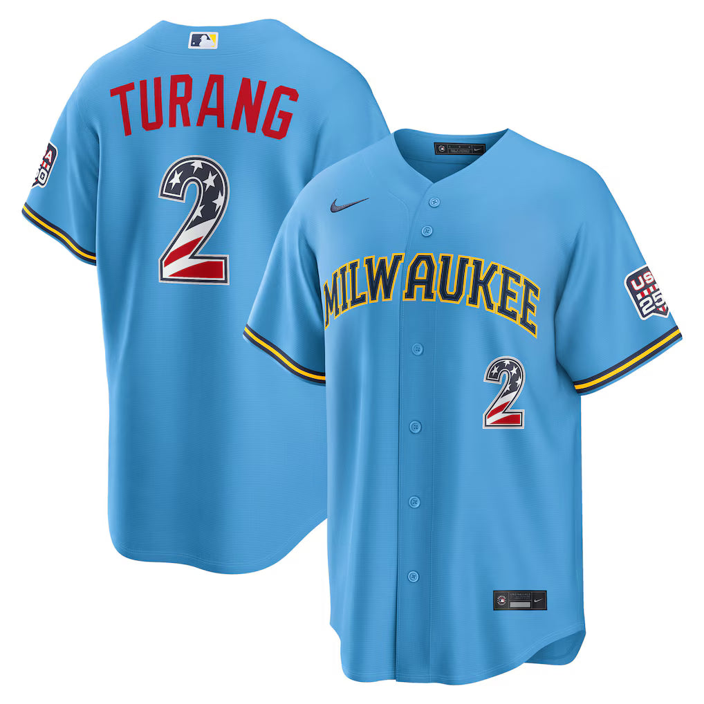 Brice Turang Milwaukee Brewers USA 250 Fourth of July Road Baseball Jersey – Light Blue