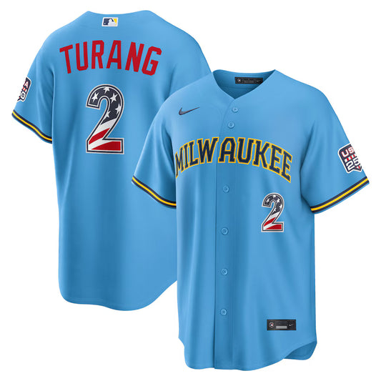 Brice Turang Milwaukee Brewers USA 250 Fourth of July Road Baseball Jersey – Light Blue