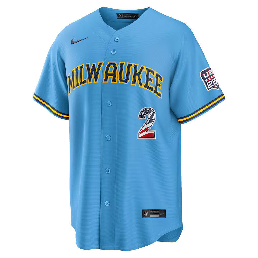 Brice Turang Milwaukee Brewers USA 250 Fourth of July Road Baseball Jersey – Light Blue