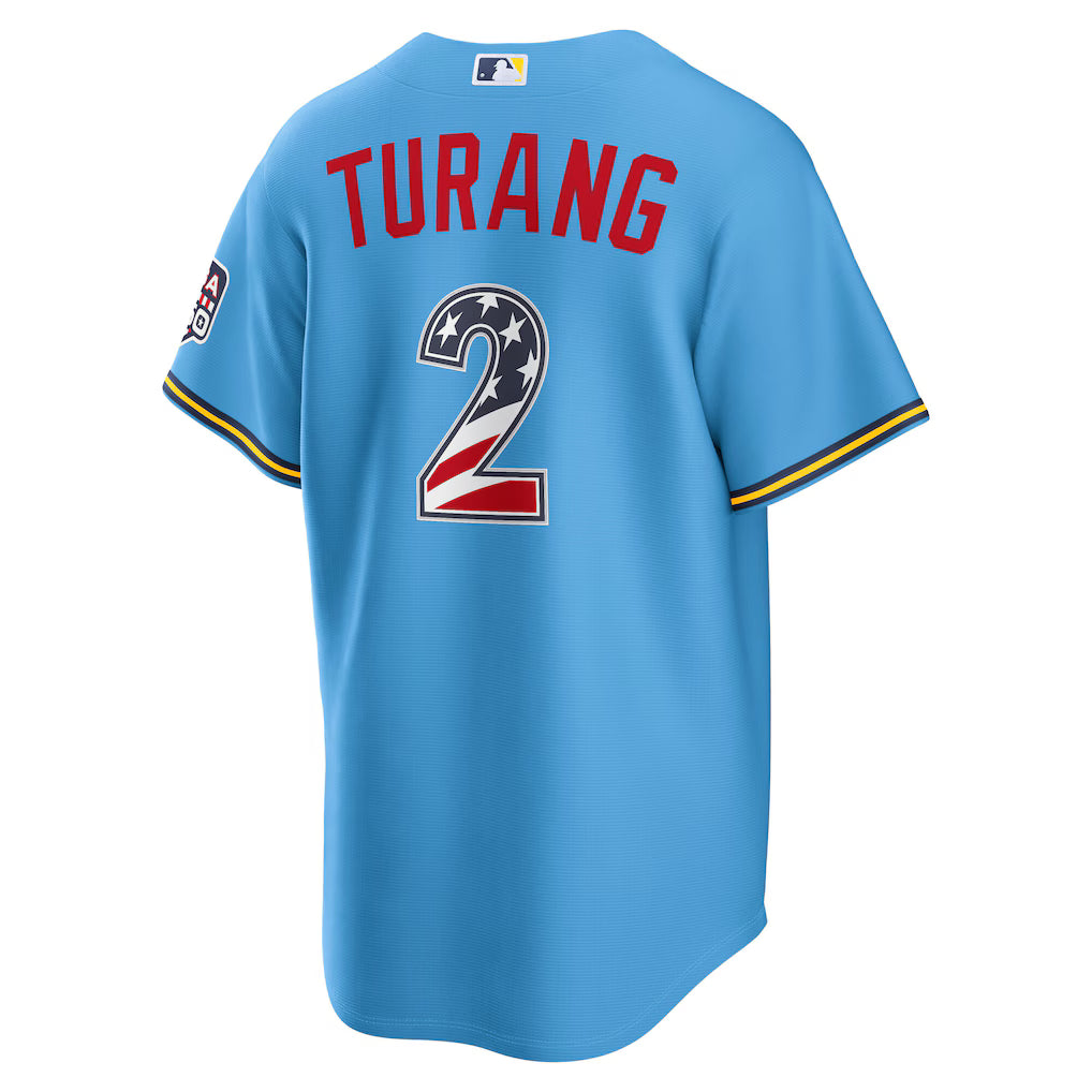 Brice Turang Milwaukee Brewers USA 250 Fourth of July Road Baseball Jersey – Light Blue