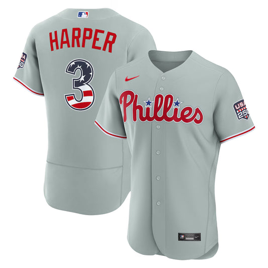 Bryce Harper #3 Philadelphia Phillies USA 250 Fourth of July Road Baseball Jersey – Gray