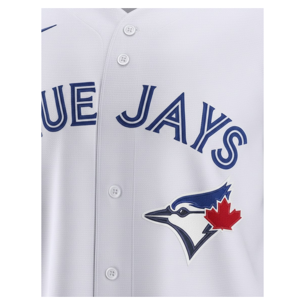 White baseball jersey with 'Blue Jays' text and logo on a white background