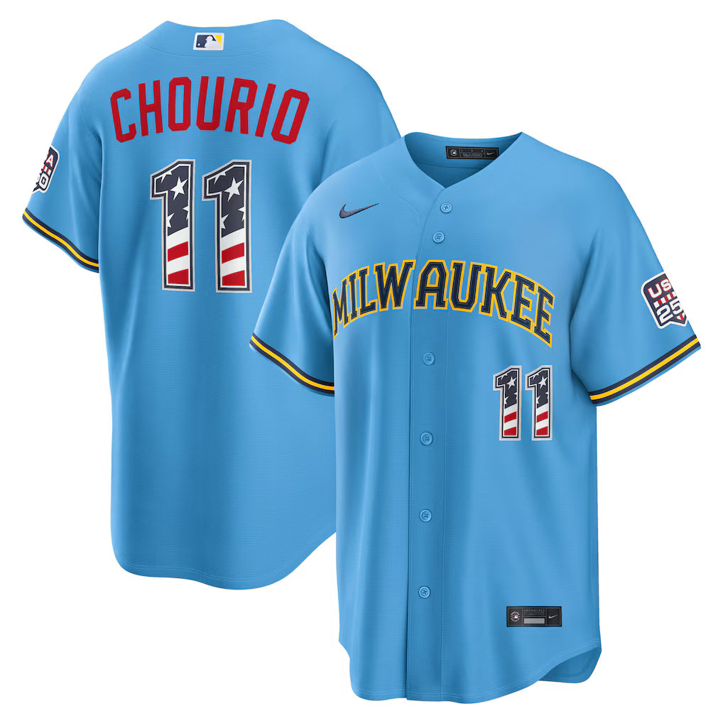 Jackson Chourio Milwaukee Brewers USA 250 Fourth of July Road Baseball Jersey – Light Blue