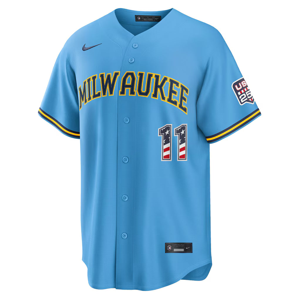 Jackson Chourio Milwaukee Brewers USA 250 Fourth of July Road Baseball Jersey – Light Blue