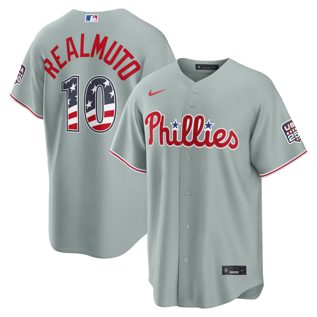 J.T. Realmuto Philadelphia Phillies USA 250 Fourth of July Road Baseball Jersey – Gray (Copy)