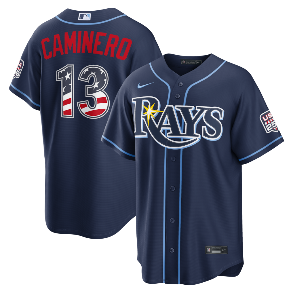 Junior Caminero Tampa Bay Rays USA 250 Fourth of July Road Baseball Jersey – Navy