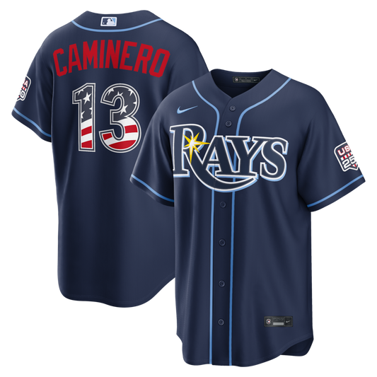 Junior Caminero Tampa Bay Rays USA 250 Fourth of July Road Baseball Jersey – Navy