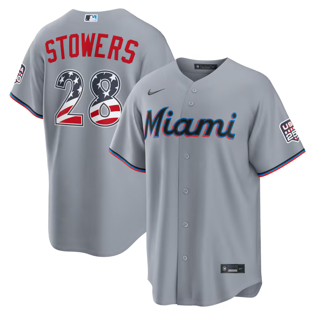 Kyle Stowers Miami Marlins USA 250 Fourth of July Road Baseball Jersey – Gray
