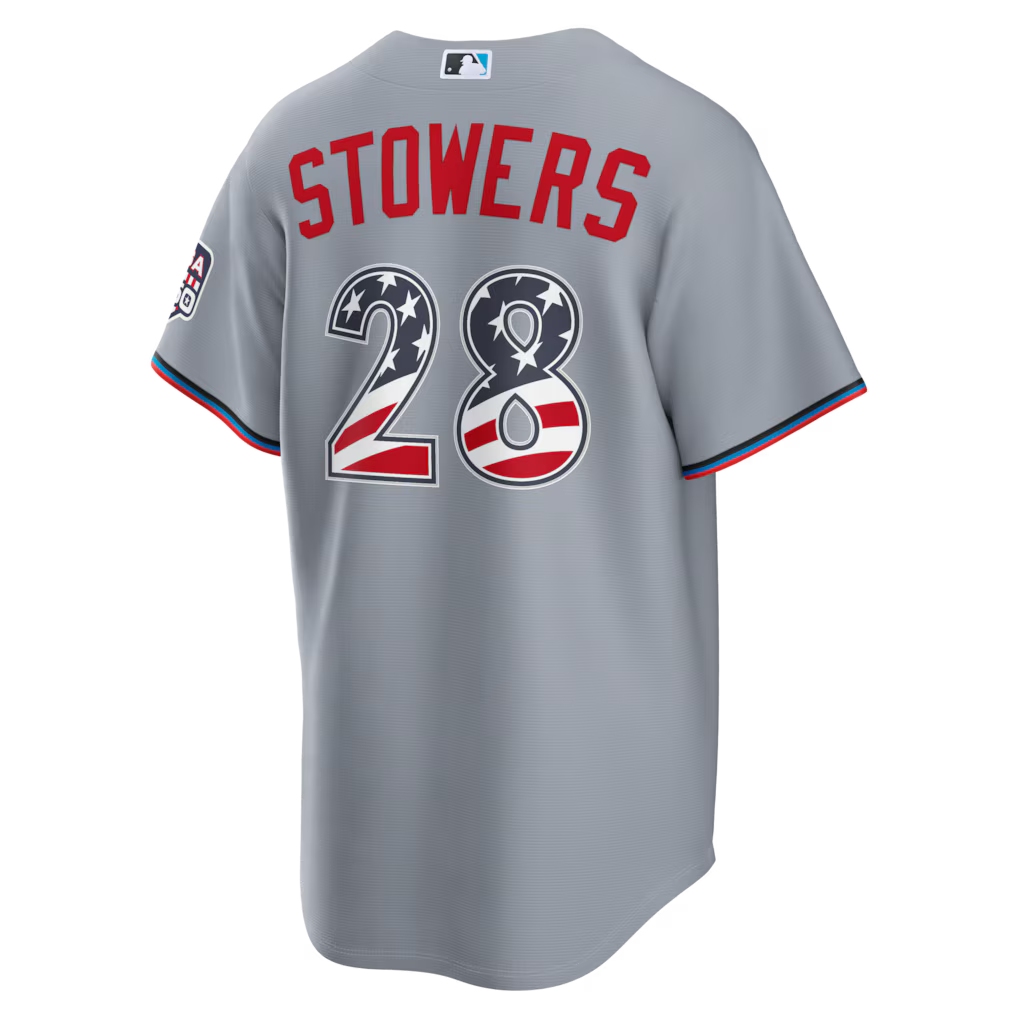 Kyle Stowers Miami Marlins USA 250 Fourth of July Road Baseball Jersey – Gray