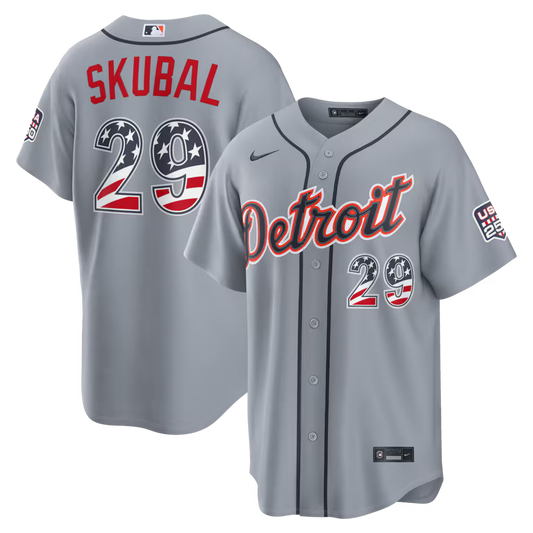 Tarik Skubal Detroit Tigers USA 250 Fourth of July Road Baseball Jersey – Gray
