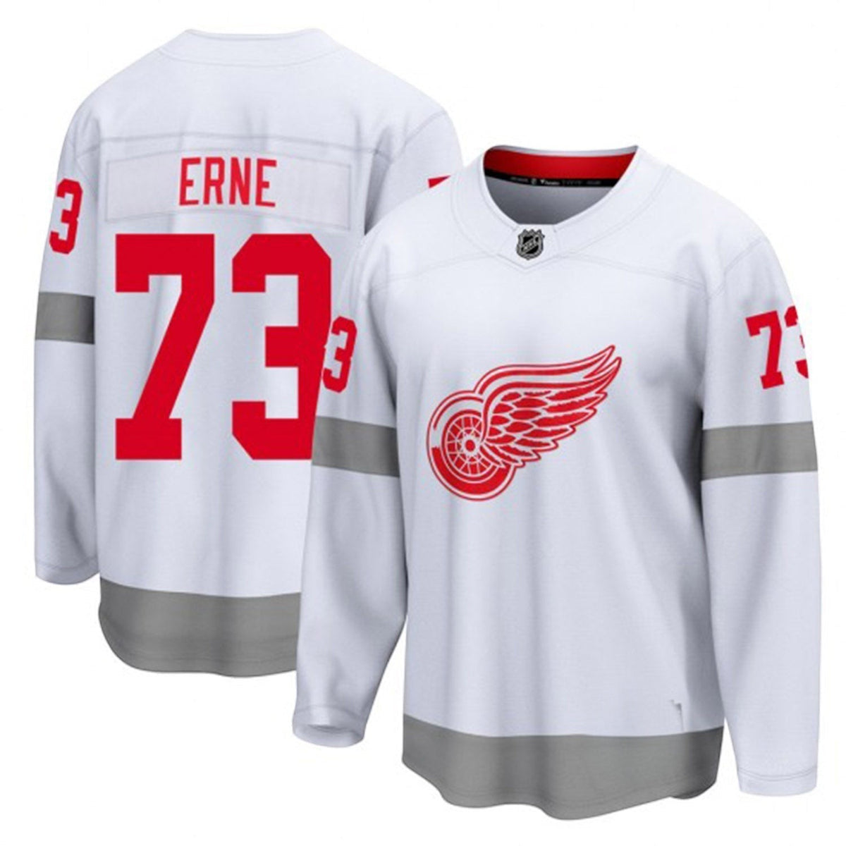 Sports Jersey Direct Adam Erne Detroit Red Wings 73 white hockey jersey with red team logo and player details