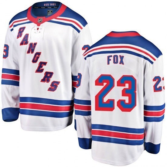 Sports Jersey Direct Adam Fox New York Rangers 23 jersey in white with blue and red team details and lace-up collar