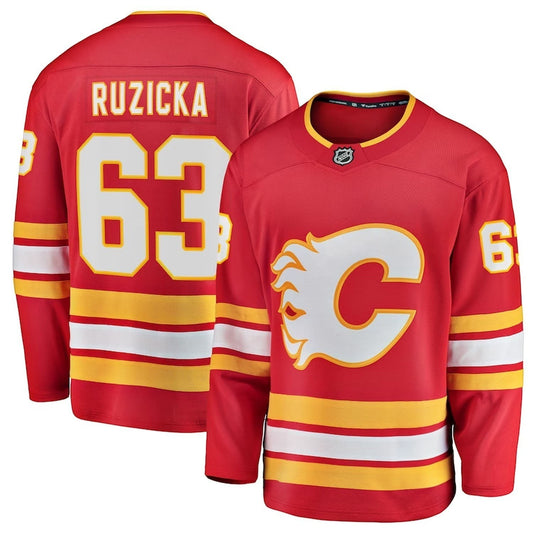 Sports Jersey Direct Adam Ruzicka Calgary Flames 63 red hockey jersey showing front and back views with team logo