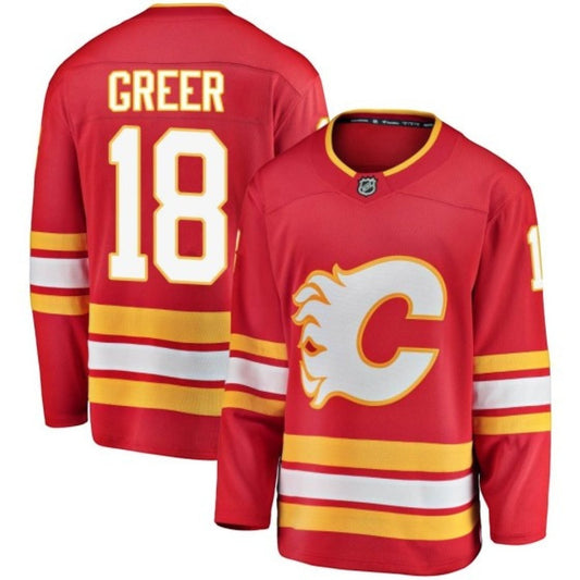 Sports Jersey Direct A.J. Greer Calgary Flames 18 red hockey jersey with white and yellow team graphics