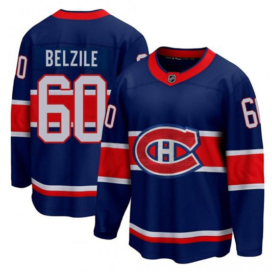 Sports Jersey Direct Montreal Canadiens Alex Belzile 60 blue hockey jersey with red and white team stripes