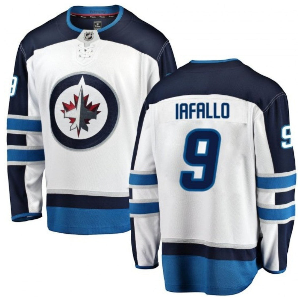 Sports Jersey Direct Alex Iafallo Winnipeg Jets 9 white hockey jersey with blue and silver team logo and details