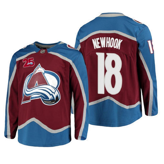 Sports Jersey Direct Alex Newhook Colorado Avalanche 18 hockey jersey in burgundy and blue with team logo and name