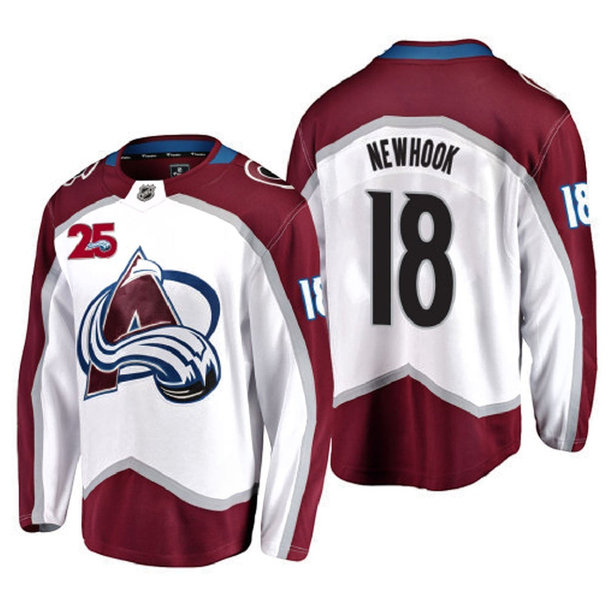Sports Jersey Direct Alex Newhook Colorado Avalanche 18 hockey jersey in white, burgundy, and blue with team logo.