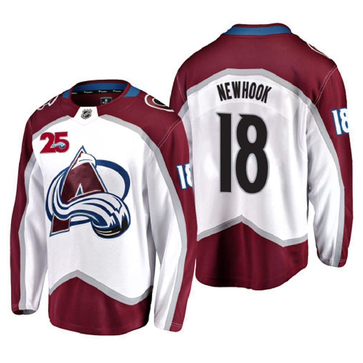 Sports Jersey Direct Alex Newhook Colorado Avalanche 18 hockey jersey in white, burgundy, and blue with team logo.