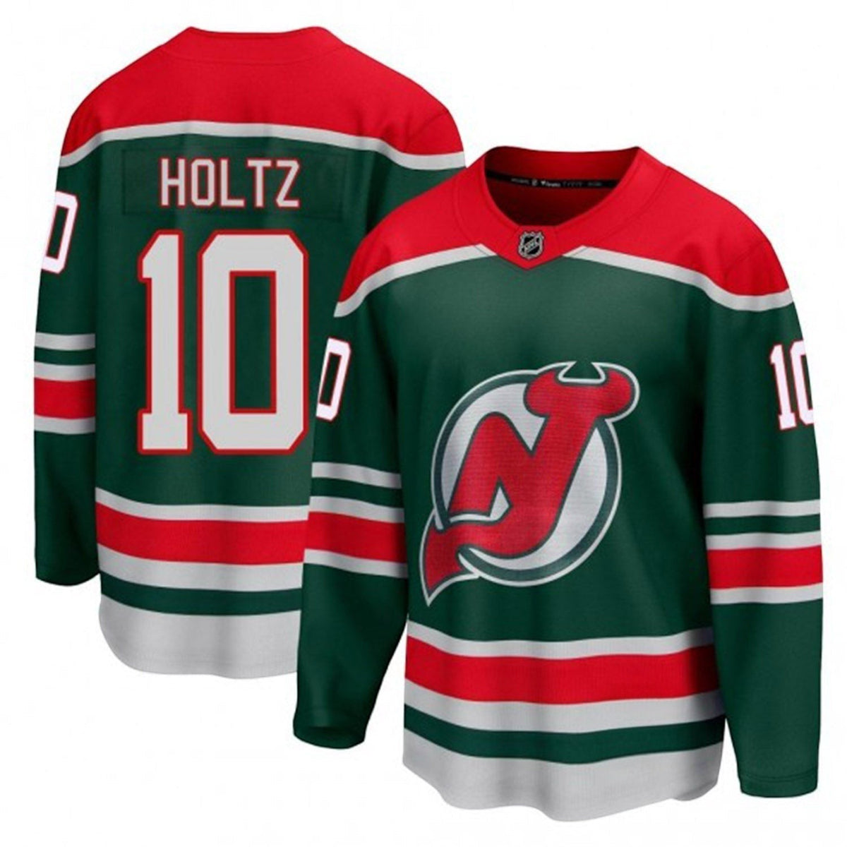 Sports Jersey Direct Alexander Holtz New Jersey Devils number 10 hockey jersey in green, red, and white.