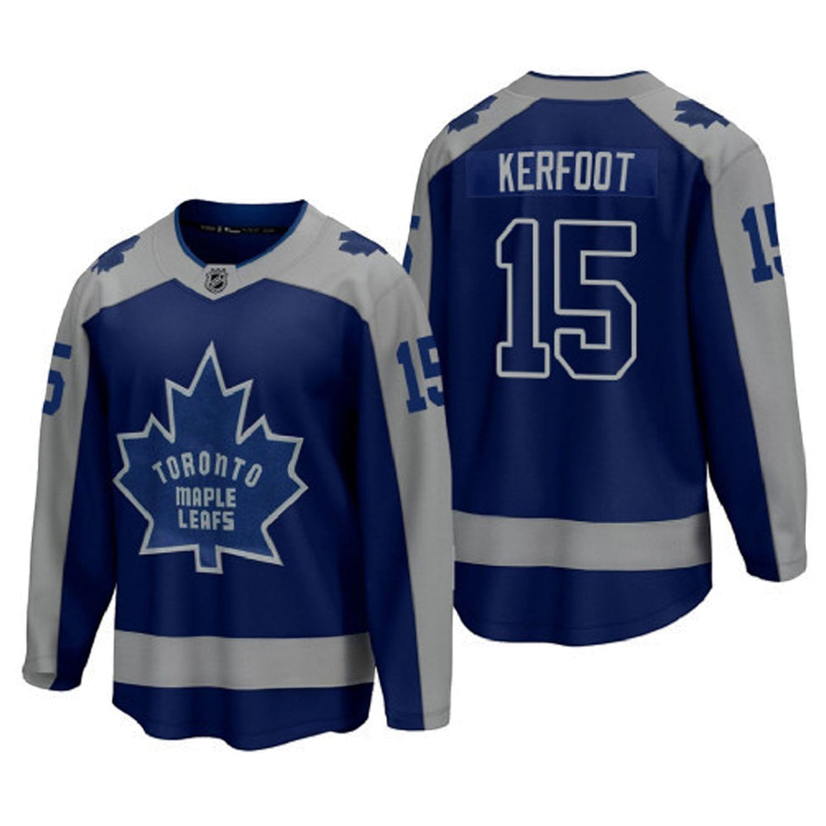 Sports Jersey Direct Toronto Maple Leafs Alexander Kerfoot 15 hockey jersey in blue and grey with team logo