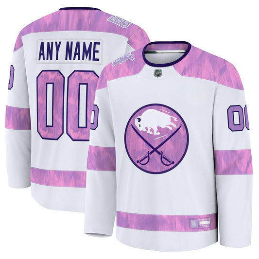 Sports Jersey Direct Buffalo Sabres 2026 Hockey Fights Cancer custom white practice jersey with purple tie-dye accents