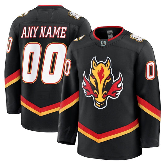 Sports Jersey Direct Calgary Flames black alternate custom hockey jersey with flaming horse logo and player details