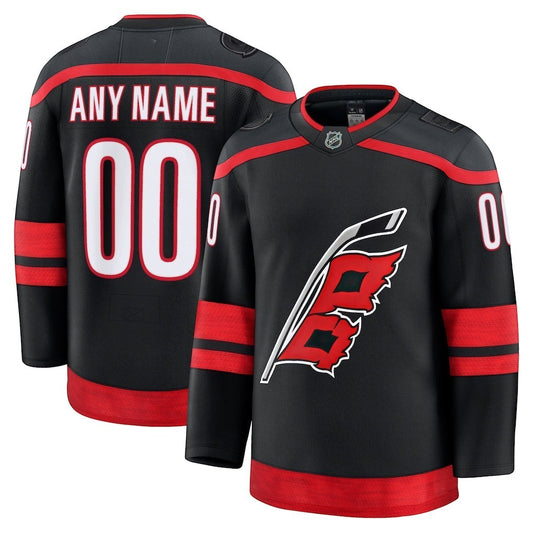 Sports Jersey Direct Carolina Hurricanes custom black home jersey with red accents and team logo on front and back