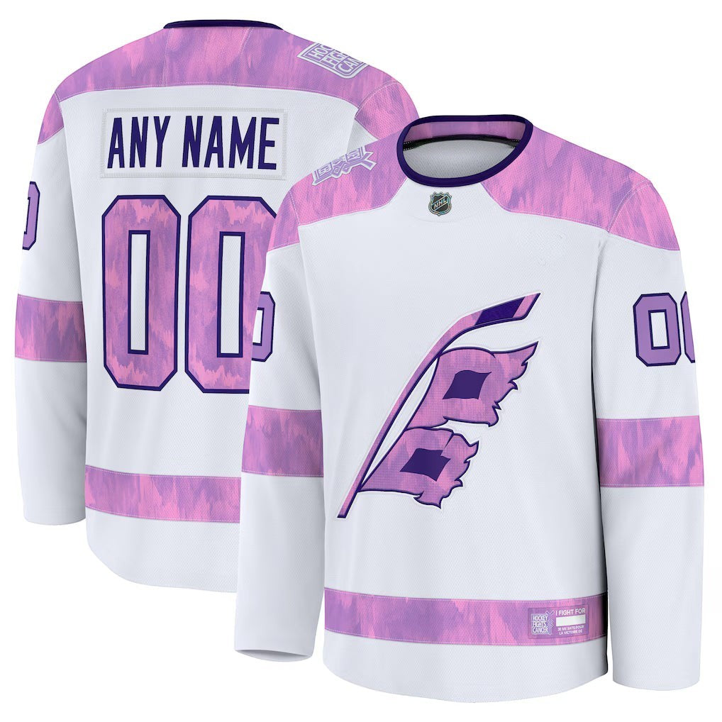 Sports Jersey Direct Carolina Hurricanes Hockey Fights Cancer white and purple custom practice jersey, front and back