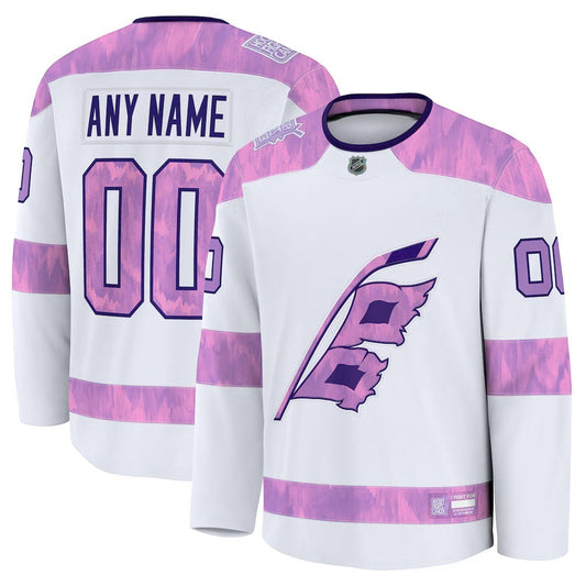 Sports Jersey Direct Carolina Hurricanes Hockey Fights Cancer white and purple custom practice jersey, front and back