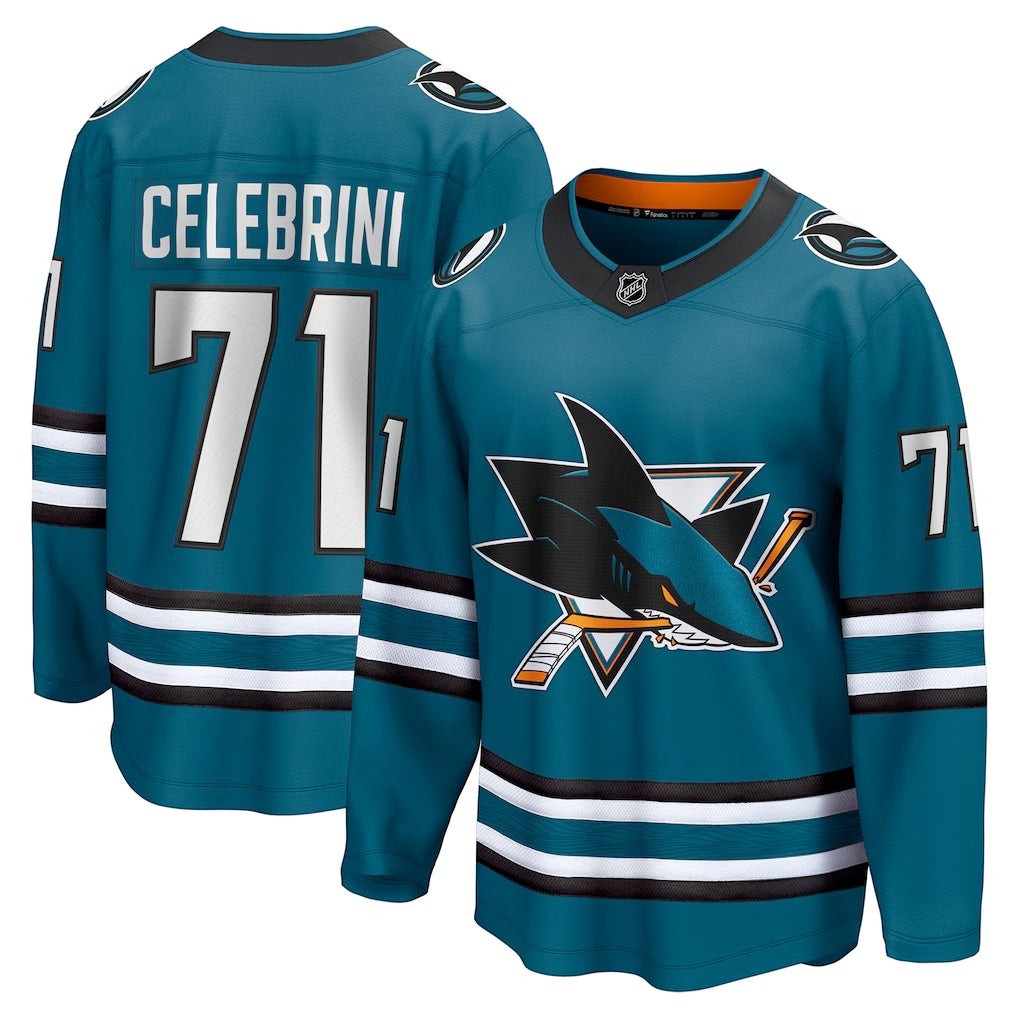 Sports Jersey Direct Macklin Celebrini San Jose Sharks teal home hockey jersey showing front and back views.