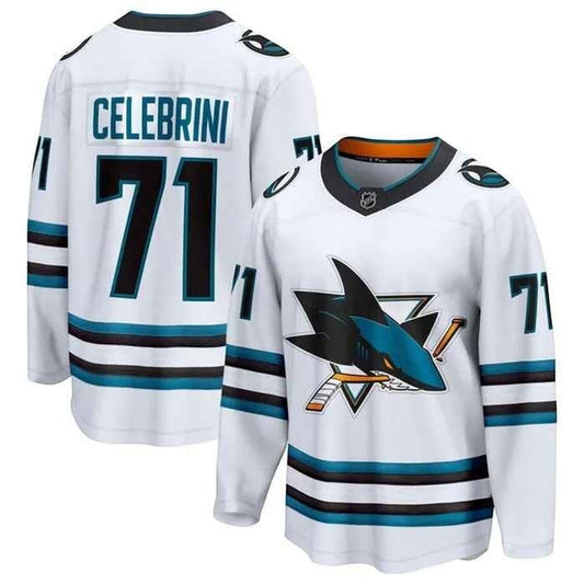 Sports Jersey Direct Macklin Celebrini San Jose Sharks white hockey jersey with team logo and player number 71