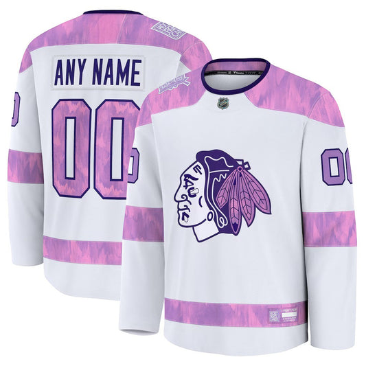 Sports Jersey Direct Chicago Blackhawks 2026 Hockey Fights Cancer white practice jersey with purple tie-dye accents.
