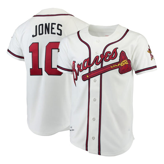 Sports Jersey Direct Chipper Jones Atlanta Braves 10 retro white baseball jersey with red and navy lettering