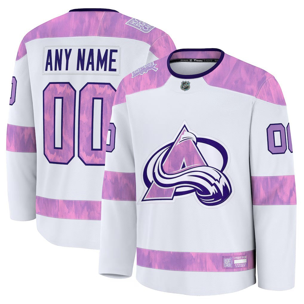 Sports Jersey Direct Colorado Avalanche 2026 Hockey Fights Cancer custom white practice jersey with purple accents.