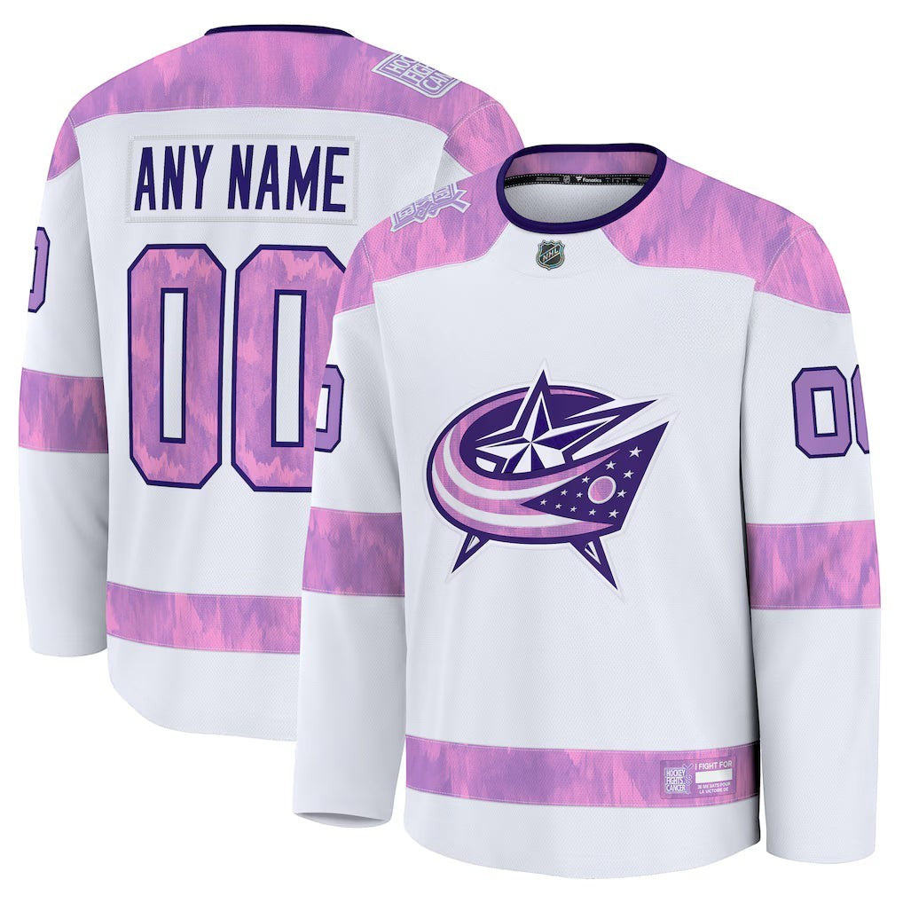 Sports Jersey Direct Columbus Blue Jackets 2026 Hockey Fights Cancer custom white practice jersey with lavender accents
