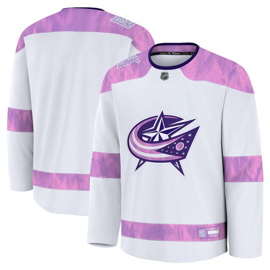 Sports Jersey Direct Columbus Blue Jackets 2026 Hockey Fights Cancer practice jersey in white with purple accents.