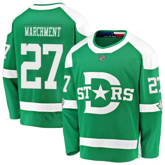 Sports Jersey Direct Mason Marchment Dallas Stars 27 green and white hockey jersey showing front and back views.
