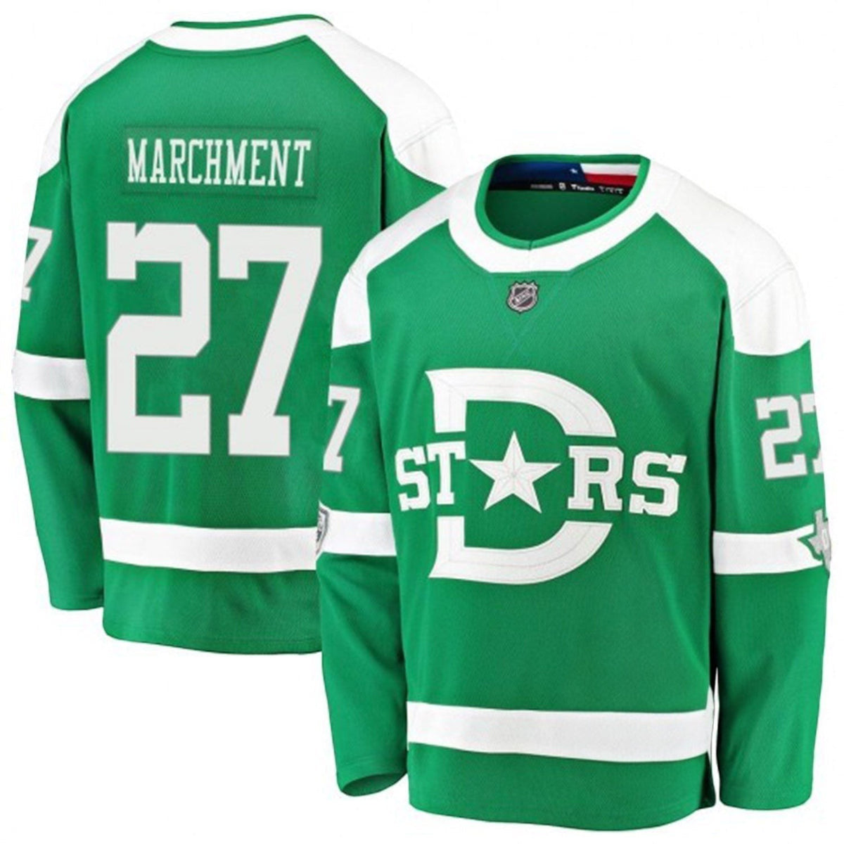 Sports Jersey Direct Mason Marchment Dallas Stars 27 green and white hockey jersey showing front and back views.
