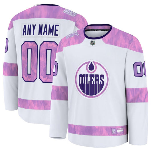 Sports Jersey Direct Edmonton Oilers 2026 Hockey Fights Cancer custom white practice jersey with purple tie-dye accents
