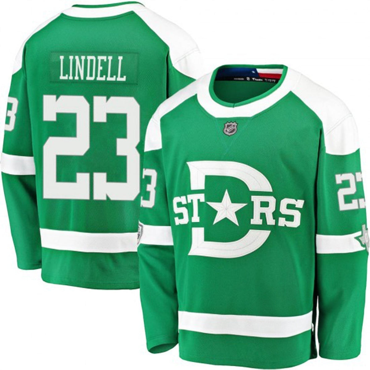 Sports Jersey Direct Esa Lindell Dallas Stars number 23 green and white hockey jersey, front and back view.