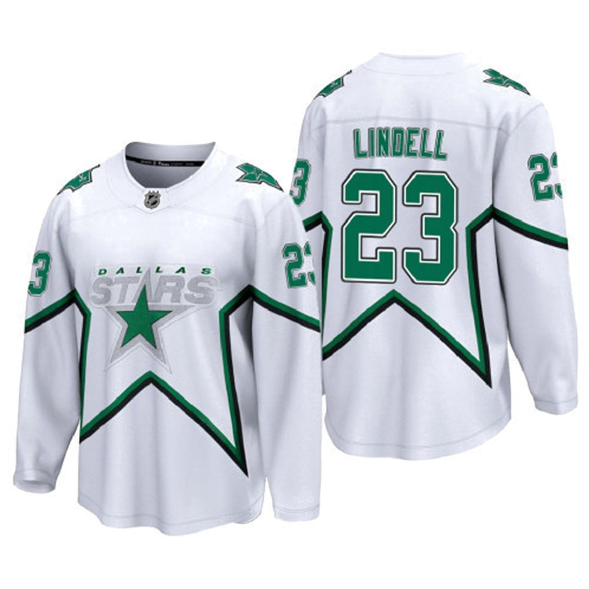 Sports Jersey Direct Esa Lindell Dallas Stars 23 white hockey jersey with green star graphic and player name on back