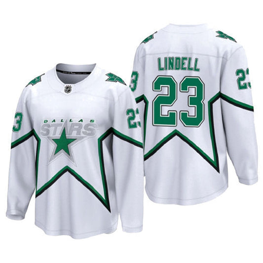 Sports Jersey Direct Esa Lindell Dallas Stars 23 white hockey jersey with green star graphic and player name on back