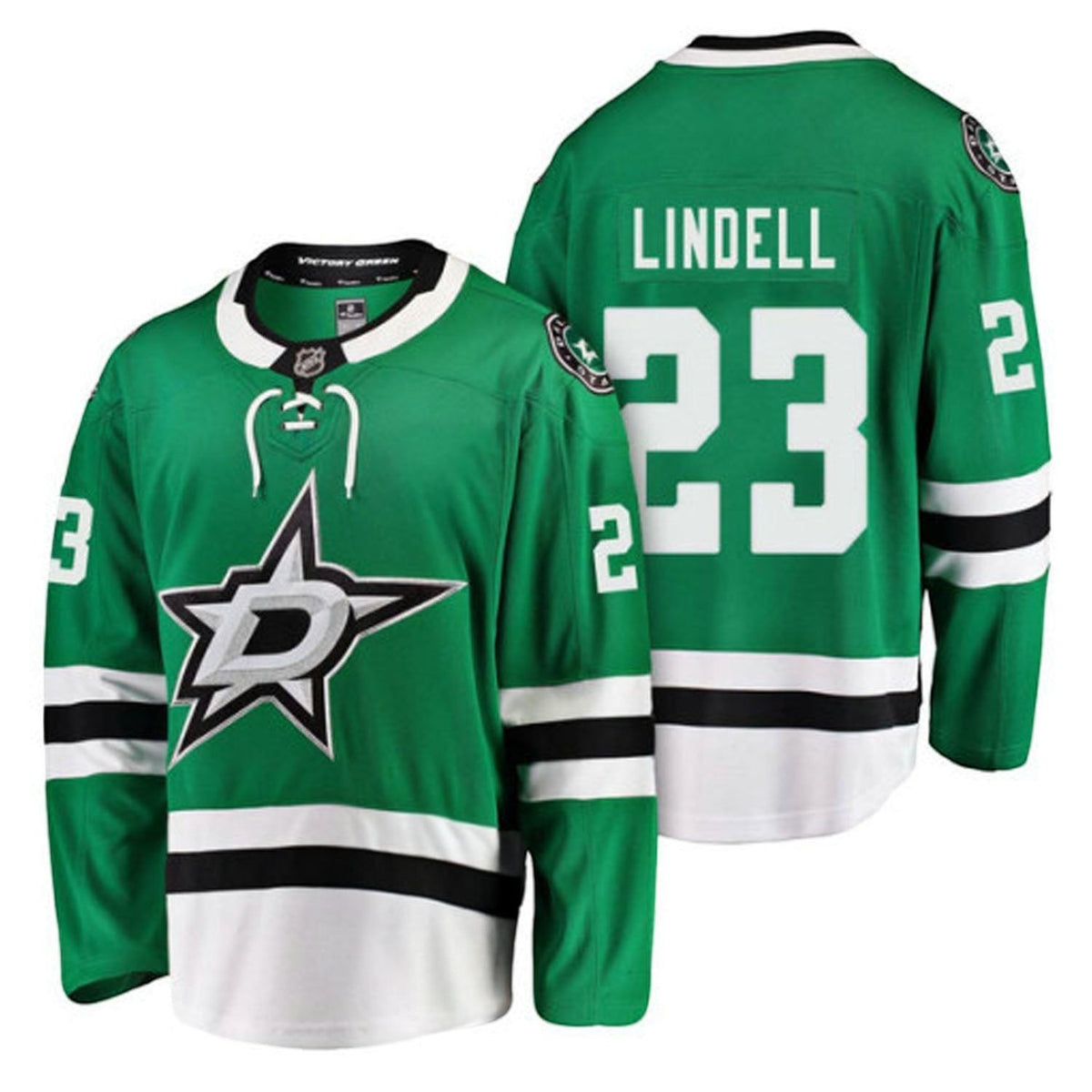 Sports Jersey Direct Esa Lindell Dallas Stars 23 green hockey jersey with white and black accents and team logo.