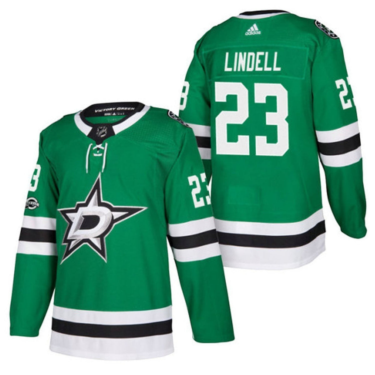 Sports Jersey Direct Esa Lindell Dallas Stars 23 green hockey jersey with white and black details, front and back view
